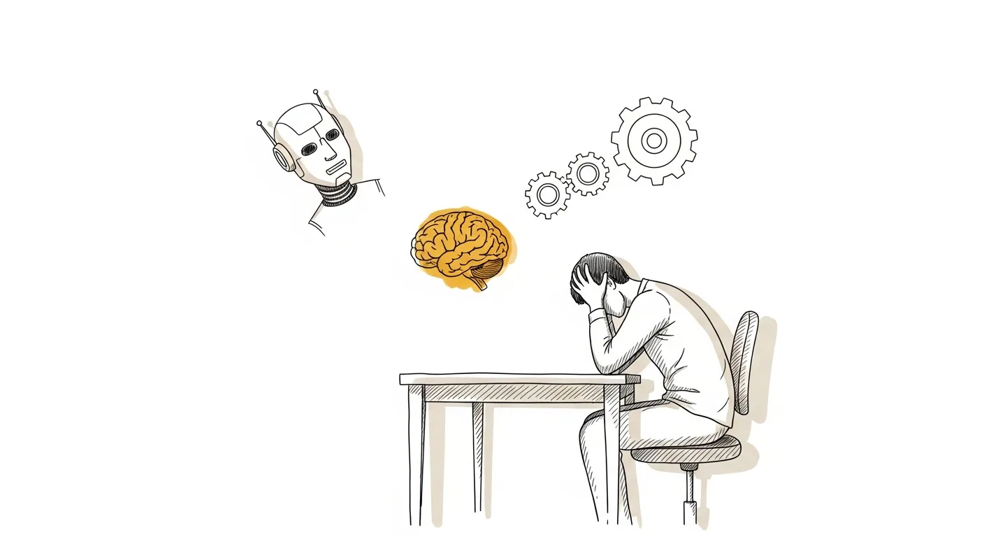 Persoon aan bureau omringd door AI-gerelateerde iconen, overweldigd