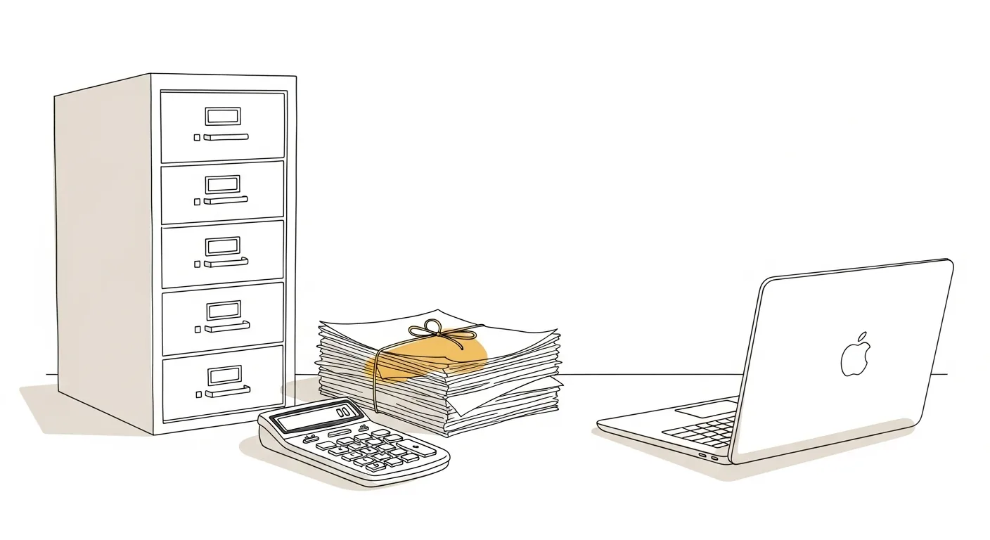 Bureau met ouderwetse gereedschappen naast een gesloten moderne laptop