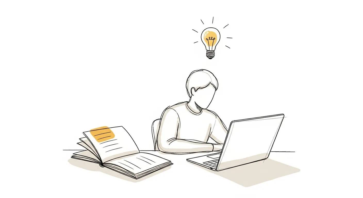 Persoon met notitieboek en laptop, studerend, lichtpeertje moment