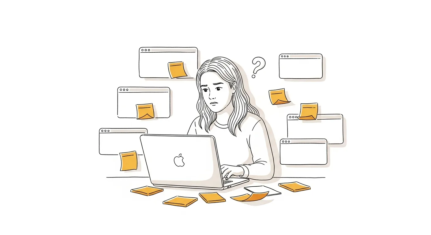 Persoon achter laptop omringd door sticky notes en browsertabs, verward