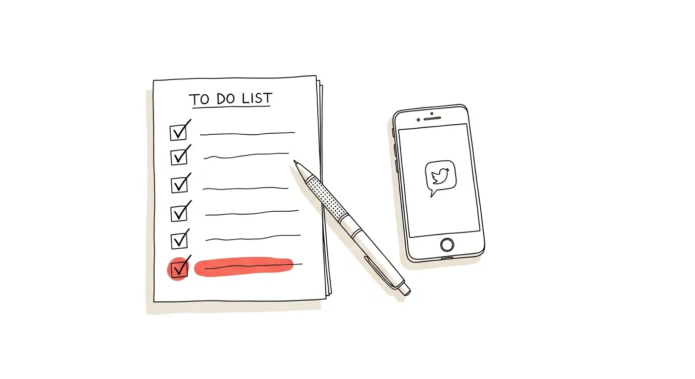 To-do list met telefoon ernaast, social media staat op de lijst maar wordt uitgesteld