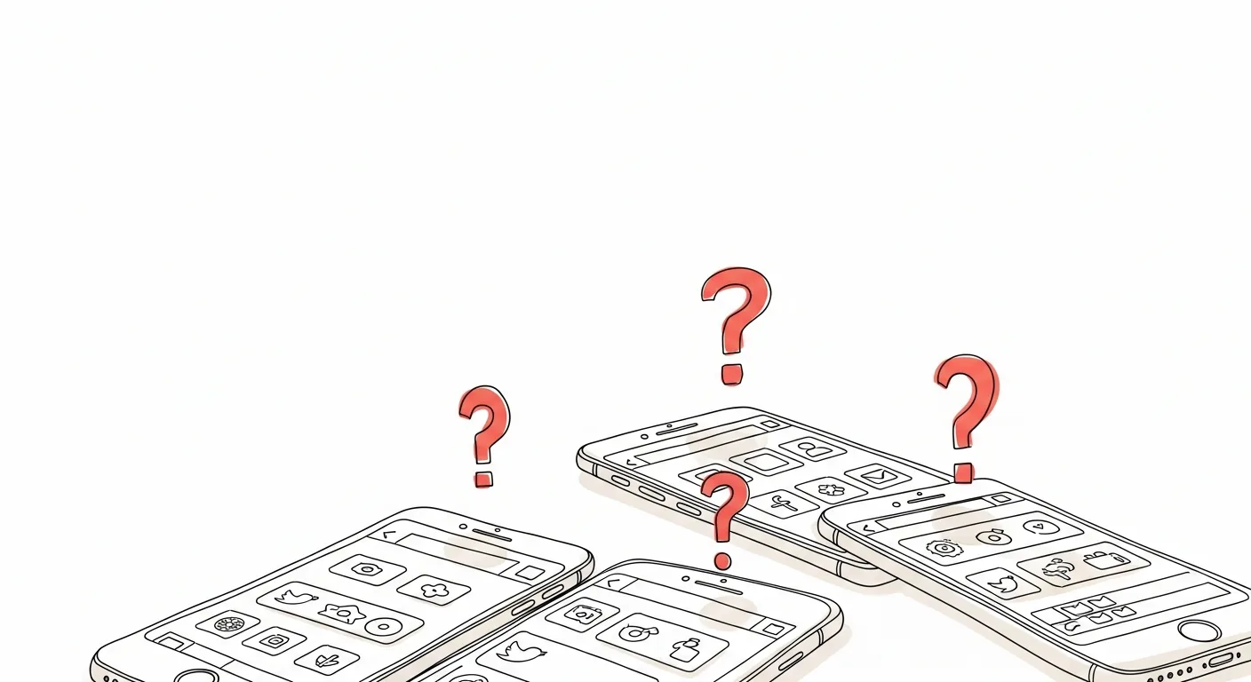 Meerdere telefoons met social media platformen en vraagtekens, welk platform moet ik gebruiken